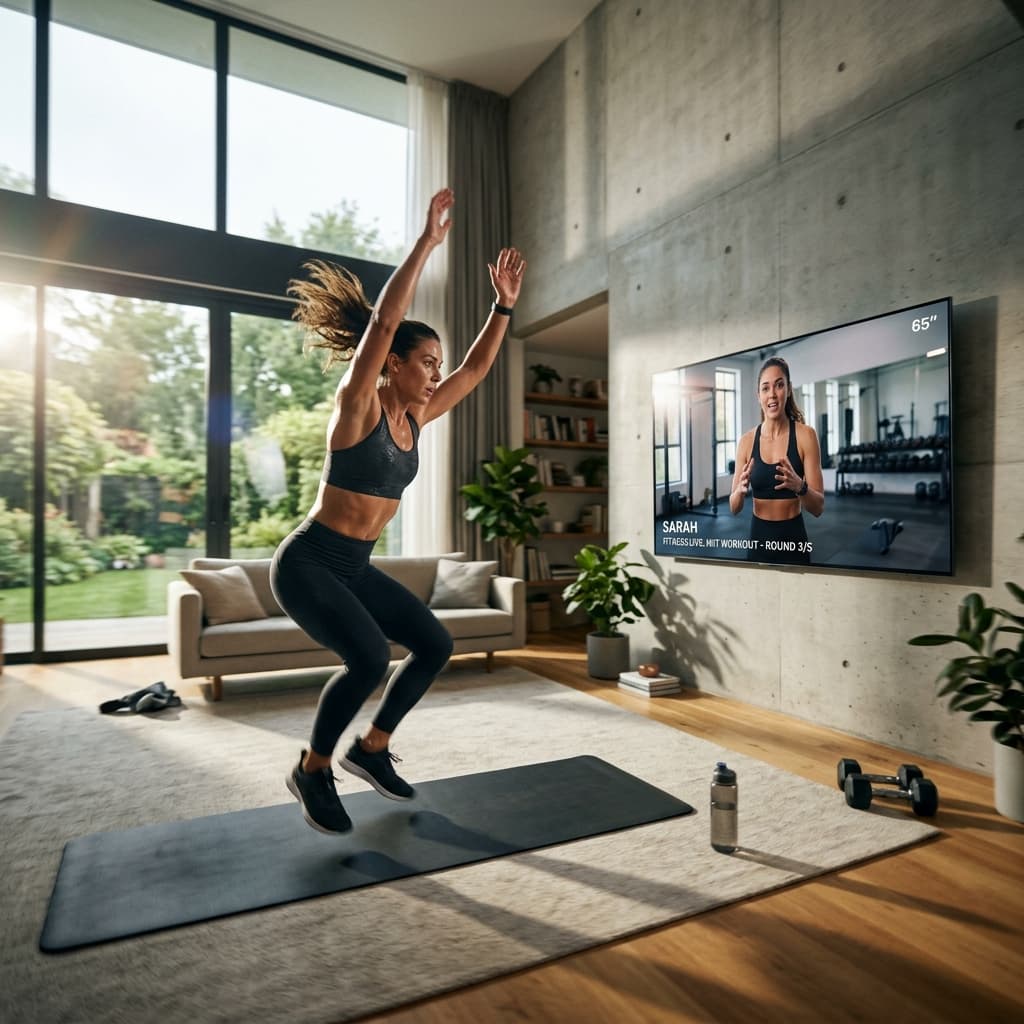 Woman doing HIIT workout with coach on Smart TV