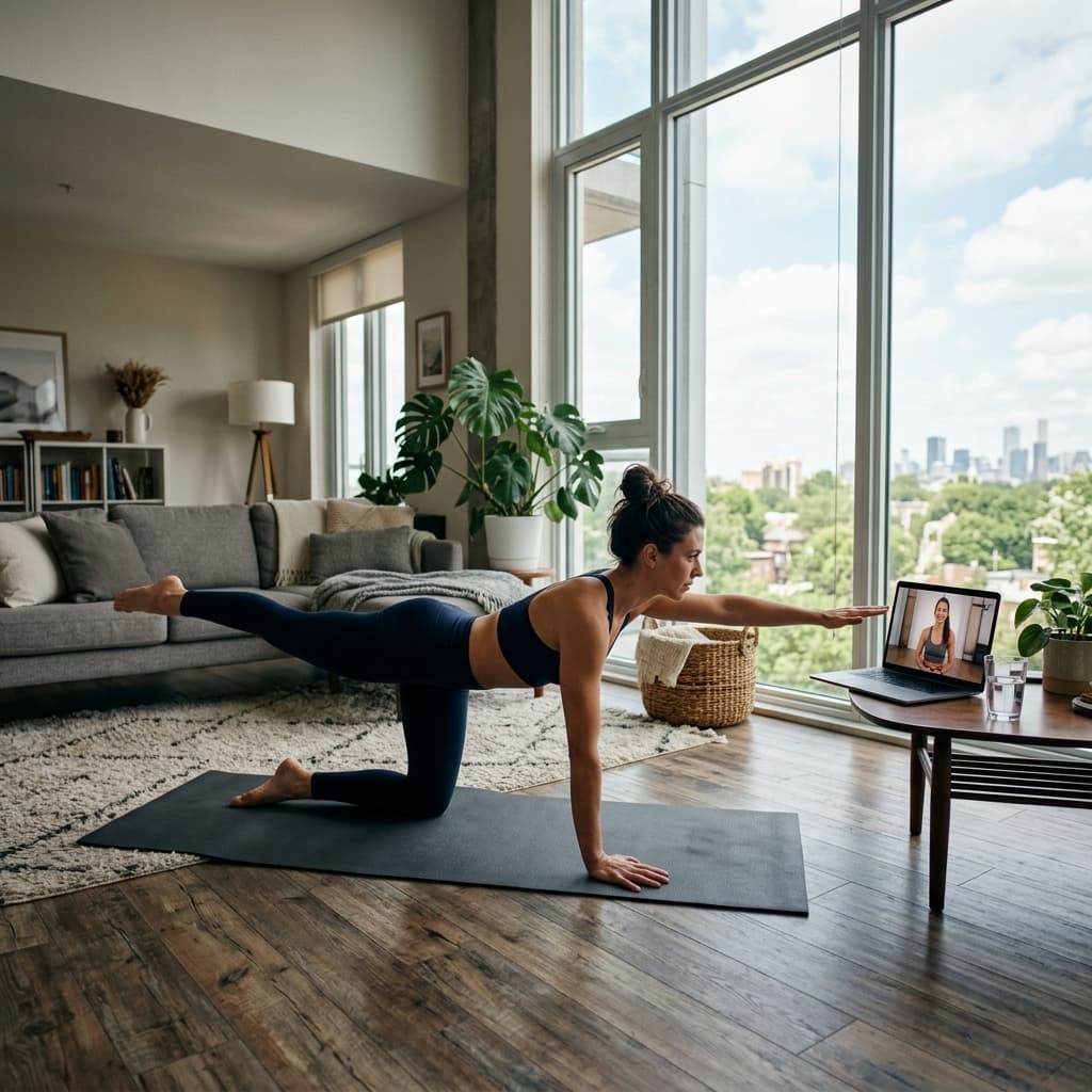 Woman doing pilates near window with coach on laptop