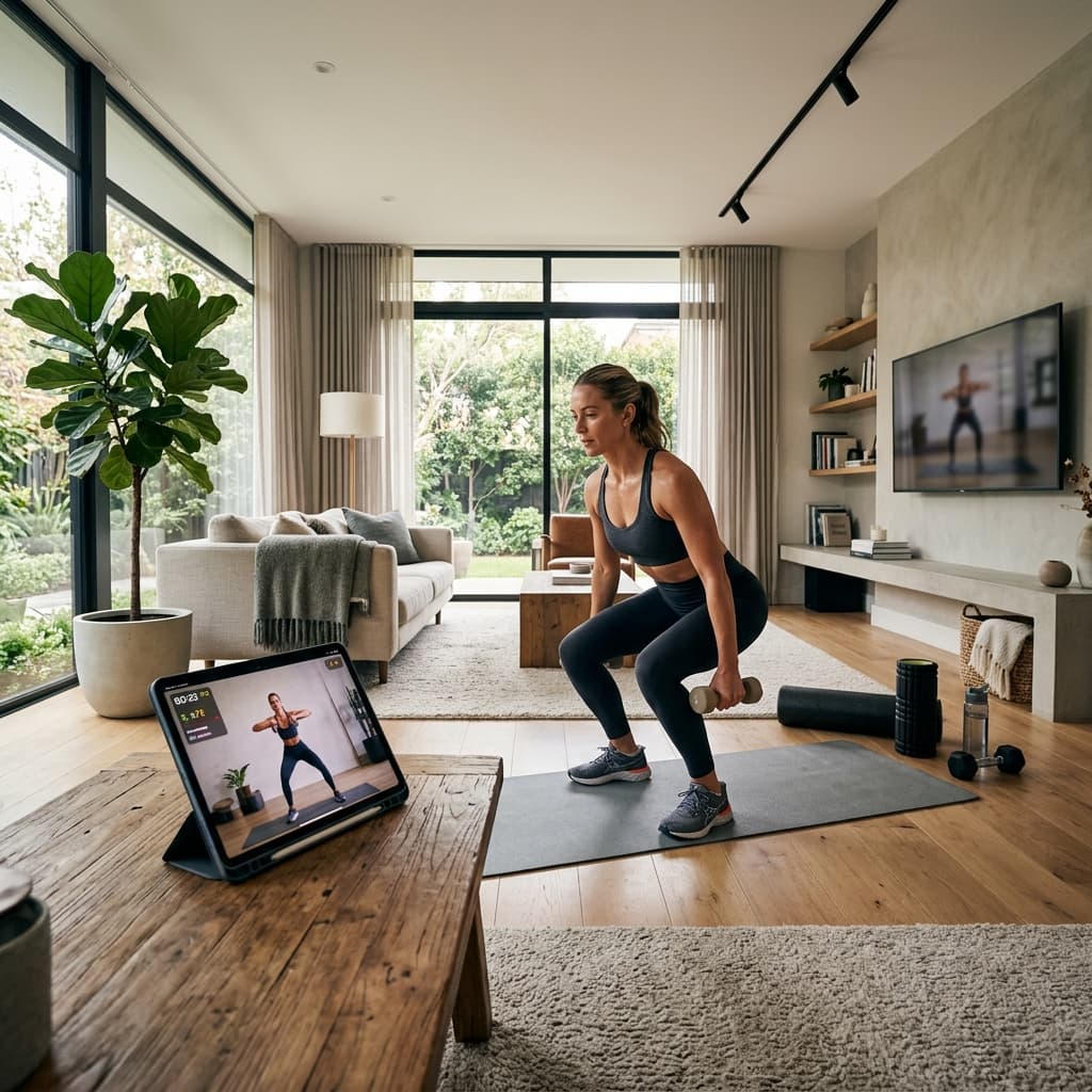 Woman exercising at home with a fitness coach on tablet